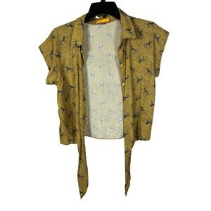 Dress To Zebra Print Tie Front Top Mustard Yellow Short Sleeve Blouse Size P